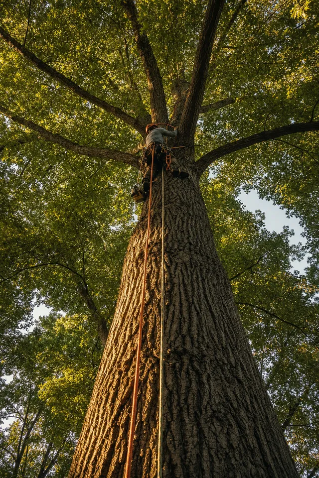 Climber in harness and helmet working high in a mature oak