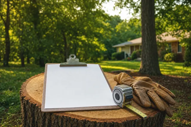 Estimate clipboard, tape measure, and gloves resting on a cut log