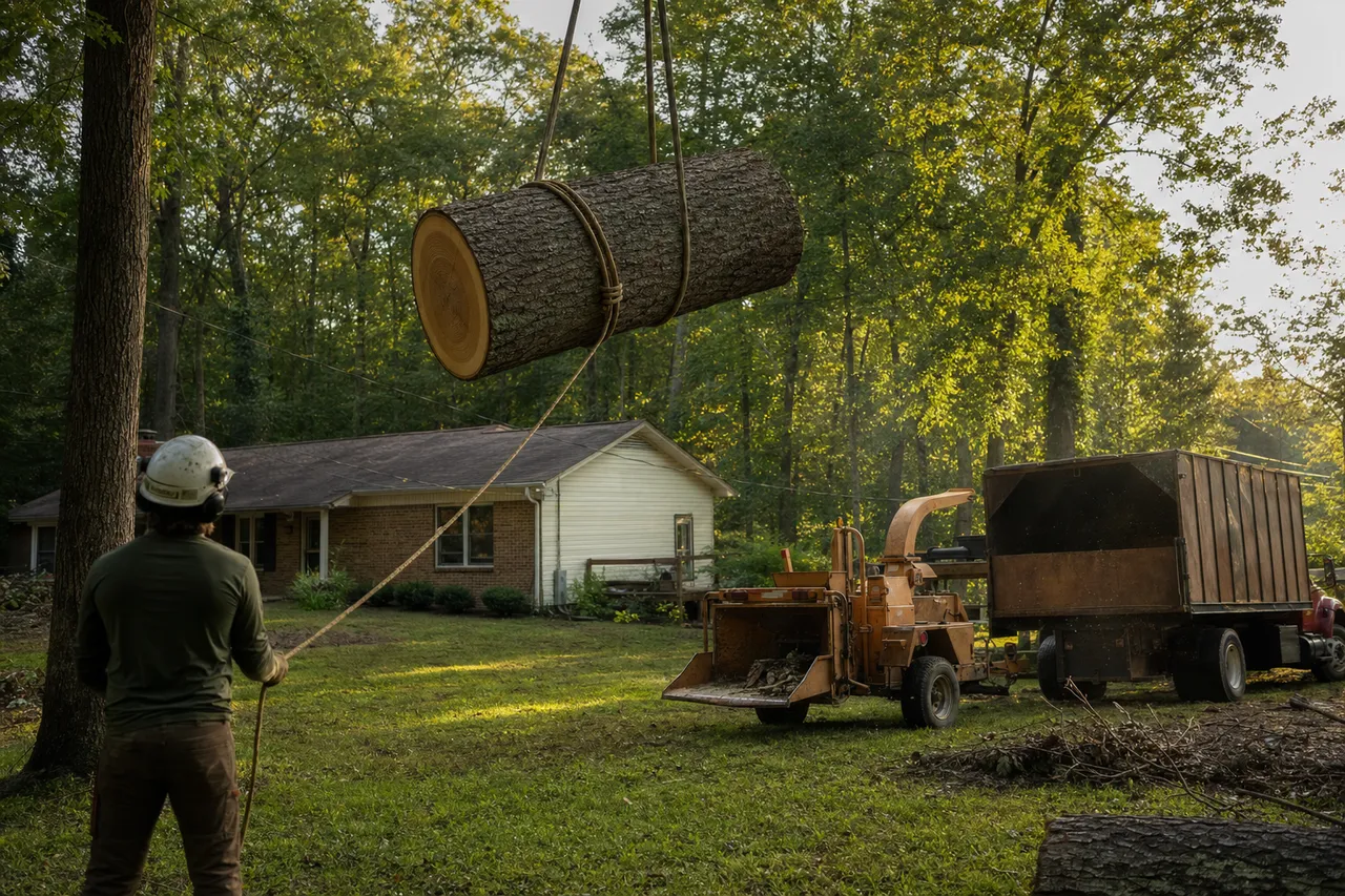 Heavy oak trunk section lowered on rigging ropes over a Paragould backyard
