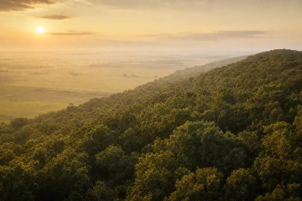 Wooded rise of Crowley's Ridge above flat Delta farmland at golden hour