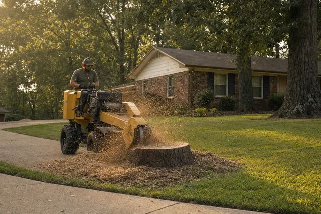 Stump grinder cutting a fresh oak stump in a front yard