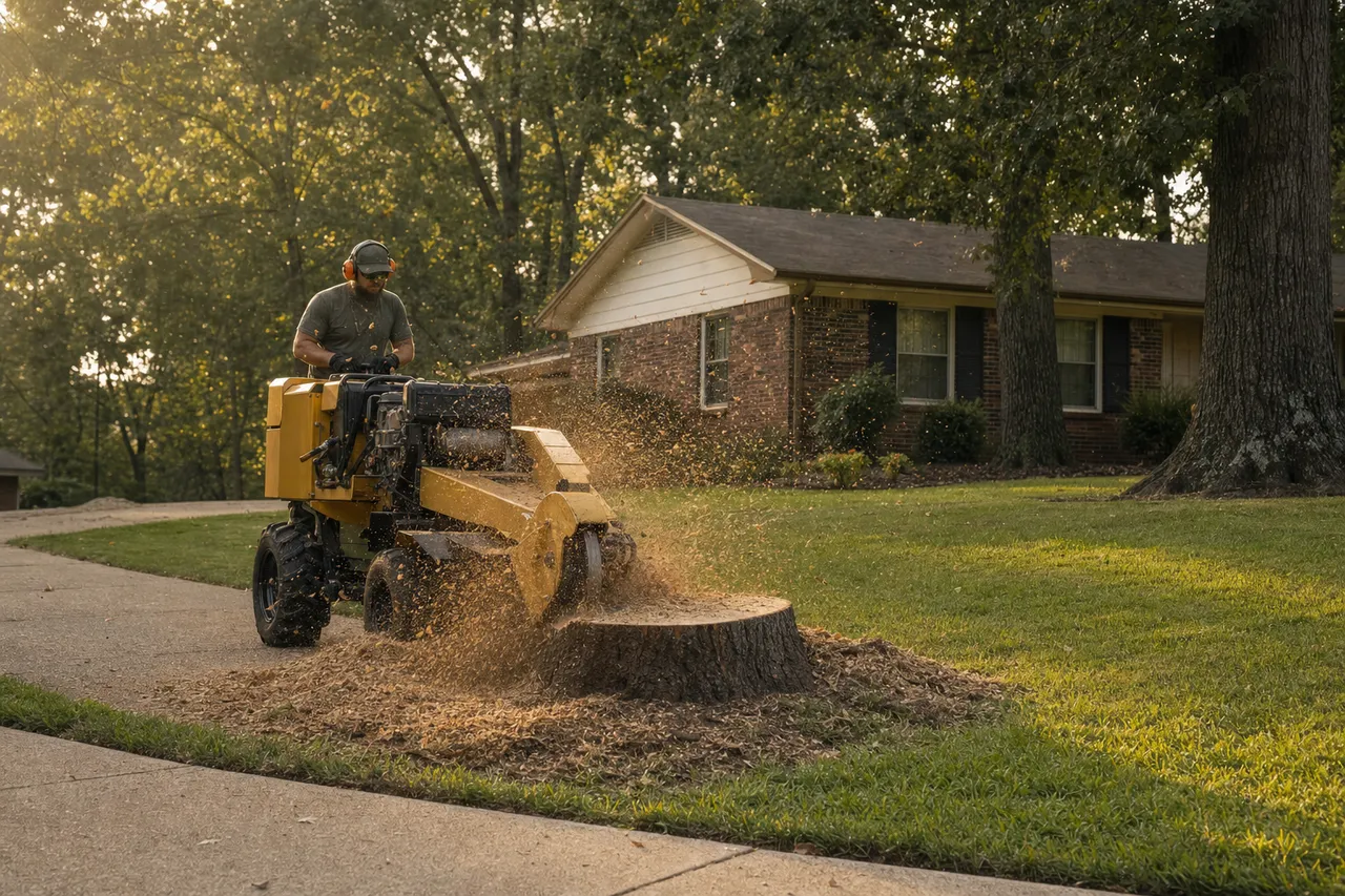 Stump grinder cutting an oak stump on a Paragould front lawn