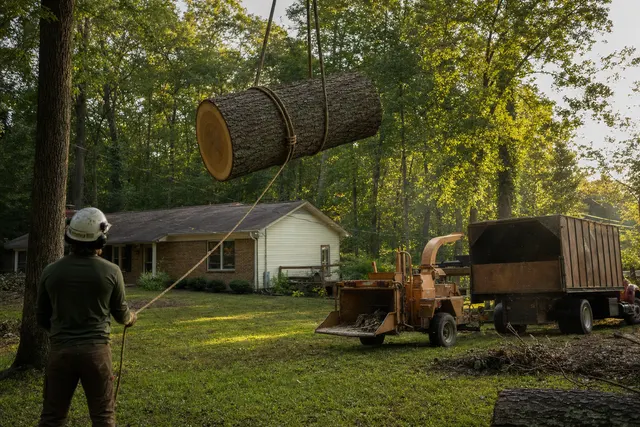 Oak trunk section lowered on rigging ropes above a Paragould backyard