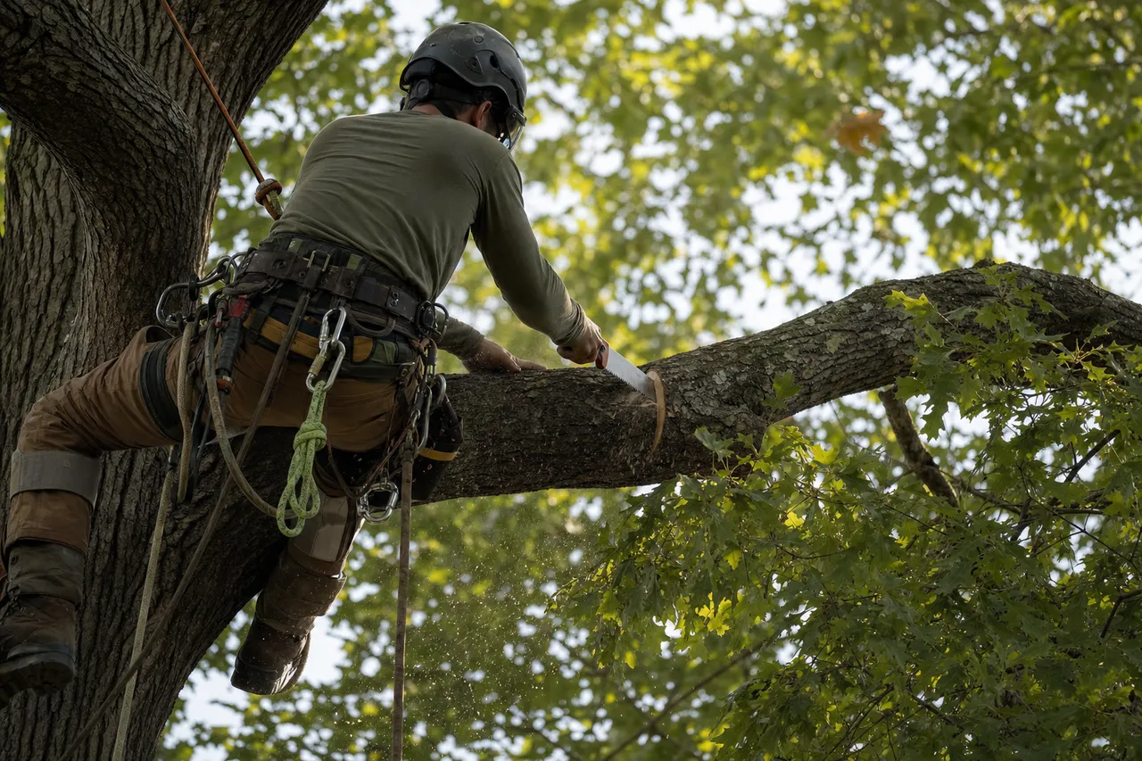 Arborist in harness making a hand-saw pruning cut on an oak limb